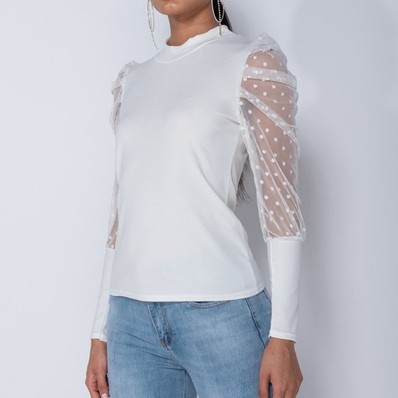 Cassie Blush Pink Polka Dot Mesh Sleeve Blouse Top - Picture 5 of 11